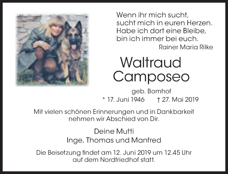  Traueranzeige für Waltraud Camposeo vom 08.06.2019 aus Süddeutsche Zeitung