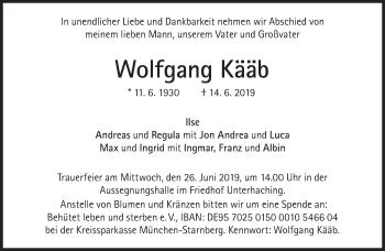 Traueranzeige von Wolfgang Kääb von Süddeutsche Zeitung
