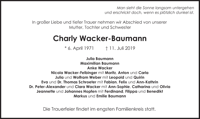  Traueranzeige für Charly Wacker-Baumann vom 20.07.2019 aus Süddeutsche Zeitung