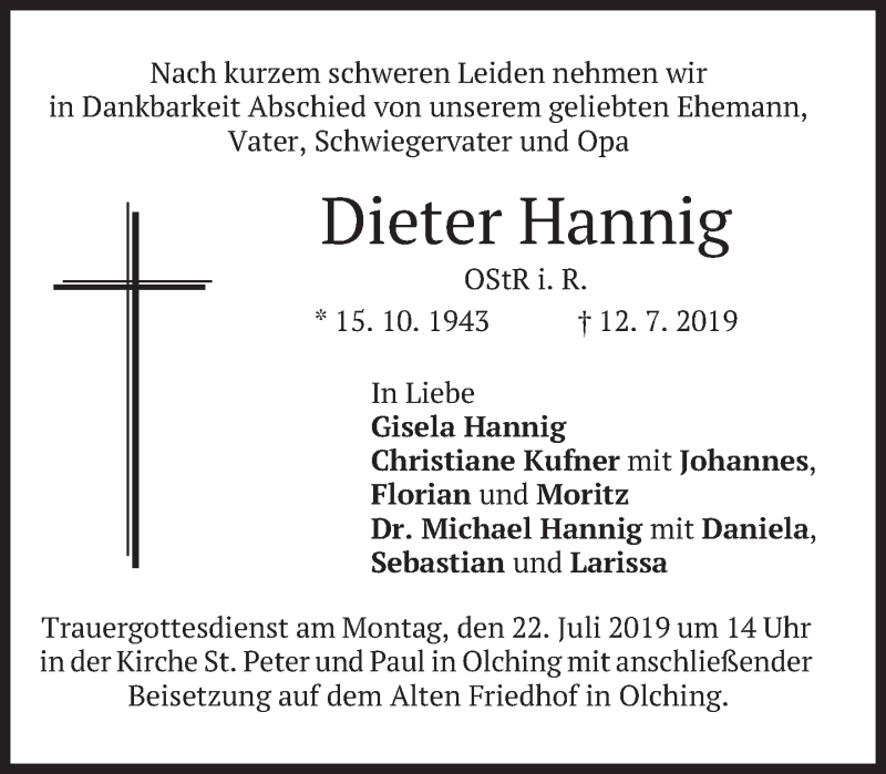 Traueranzeige für Dieter Hannig vom 18.07.2019 aus Süddeutsche Zeitung
