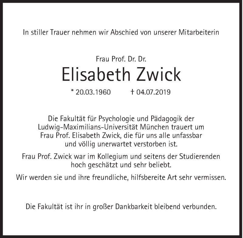  Traueranzeige für Elisabeth Zwick vom 20.07.2019 aus Süddeutsche Zeitung