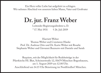 Traueranzeige von Franz Weber von Süddeutsche Zeitung