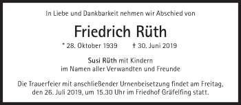 Traueranzeige von Friedrich Rüth von Süddeutsche Zeitung