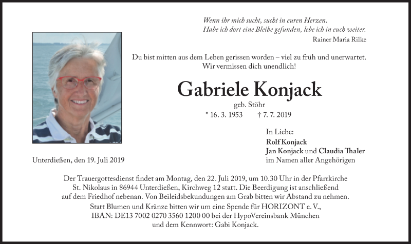 Traueranzeige für Gabriele Konjack vom 19.07.2019 aus Süddeutsche Zeitung