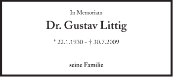 Traueranzeige von Gustav Littig von Süddeutsche Zeitung