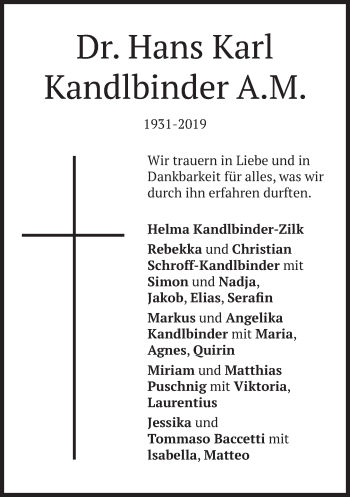 Traueranzeige von Hans Karl Kandlbinder von Süddeutsche Zeitung