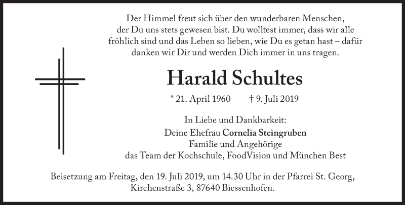  Traueranzeige für Harald Schultes vom 17.07.2019 aus Süddeutsche Zeitung