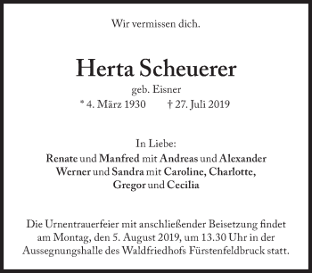 Traueranzeige von Herta Scheuerer von Süddeutsche Zeitung