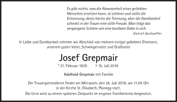 Traueranzeige von Josef Grepmair von Süddeutsche Zeitung