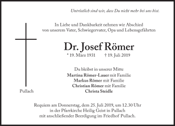 Traueranzeige von Josef Römer von Süddeutsche Zeitung
