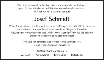 Traueranzeige von Josef Schmidt von Süddeutsche Zeitung