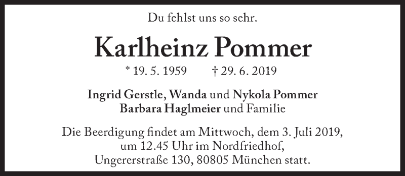  Traueranzeige für Karlheinz Pommer vom 02.07.2019 aus Süddeutsche Zeitung