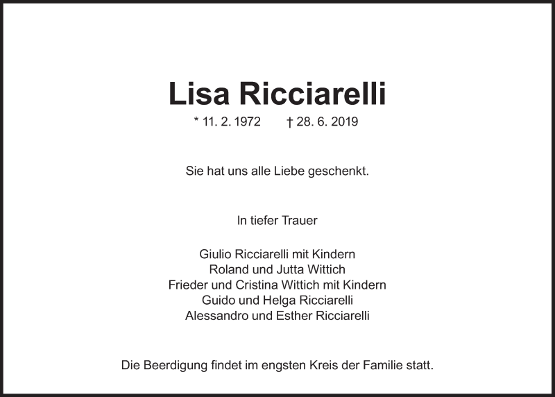  Traueranzeige für Lisa Ricciarelli vom 06.07.2019 aus Süddeutsche Zeitung