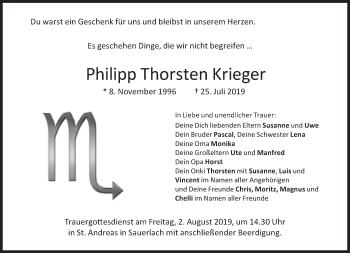 Traueranzeige von Philipp Thorsten Krieger von Süddeutsche Zeitung