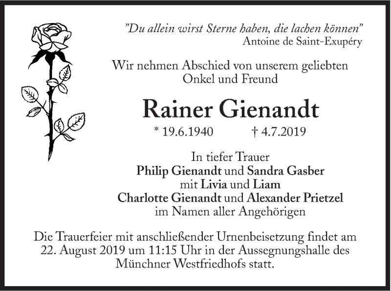  Traueranzeige für Rainer Gienandt vom 27.07.2019 aus Süddeutsche Zeitung