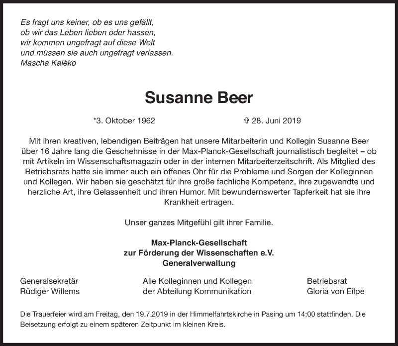  Traueranzeige für Susanne Beer vom 06.07.2019 aus Süddeutsche Zeitung
