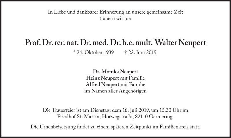  Traueranzeige für Walter Neupert vom 03.07.2019 aus Süddeutsche Zeitung