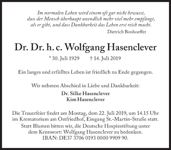Traueranzeige von Wolfgang Hasenclever von Süddeutsche Zeitung