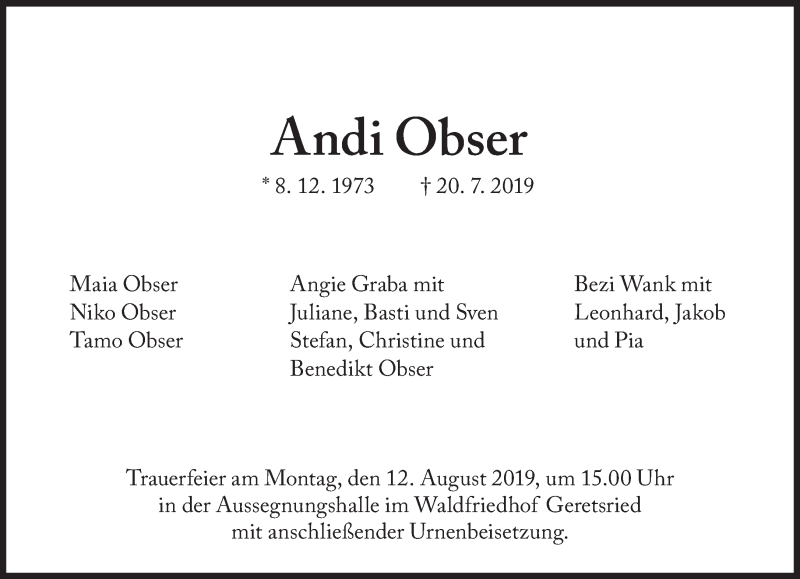  Traueranzeige für Andi Obser vom 09.08.2019 aus Süddeutsche Zeitung