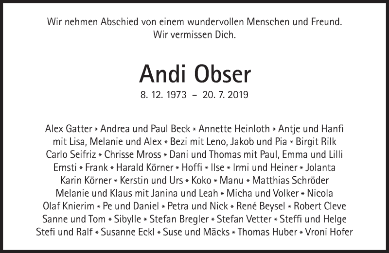  Traueranzeige für Andi Obser vom 10.08.2019 aus Süddeutsche Zeitung