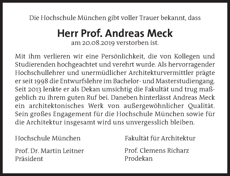  Traueranzeige für Andreas Meck vom 31.08.2019 aus Süddeutsche Zeitung
