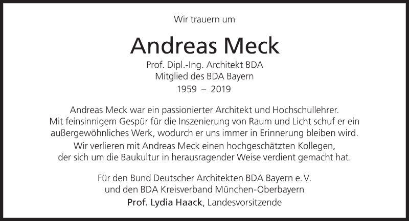  Traueranzeige für Andreas Meck vom 31.08.2019 aus Süddeutsche Zeitung