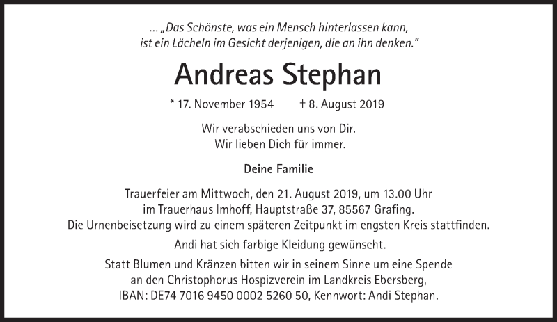  Traueranzeige für Andreas Stephan vom 14.08.2019 aus Süddeutsche Zeitung