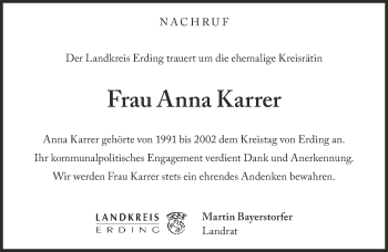 Traueranzeige von Anna Karrer von Süddeutsche Zeitung