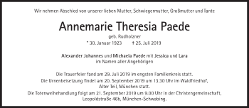 Traueranzeige von Annemarie Theresia Paede von Süddeutsche Zeitung
