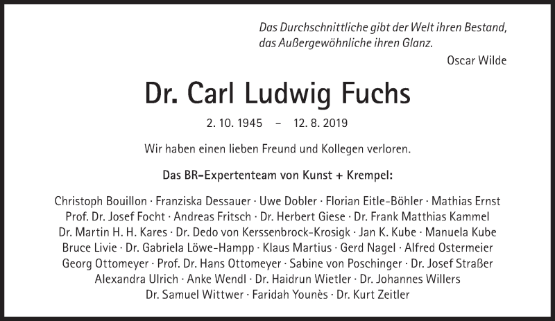  Traueranzeige für Carl Ludwig Fuchs vom 17.08.2019 aus Süddeutsche Zeitung