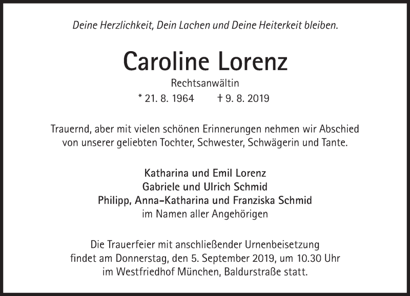 Traueranzeige für Caroline Lorenz vom 24.08.2019 aus Süddeutsche Zeitung