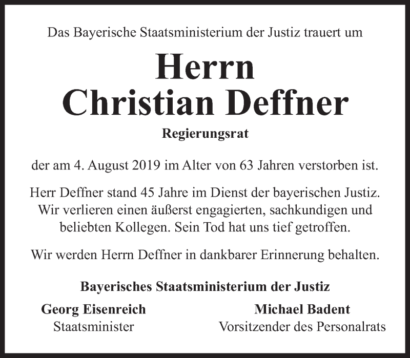  Traueranzeige für Christian Deffner vom 08.08.2019 aus Süddeutsche Zeitung