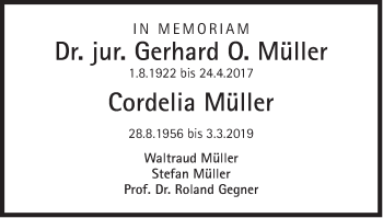 Traueranzeige von Cordelia Müller von Süddeutsche Zeitung