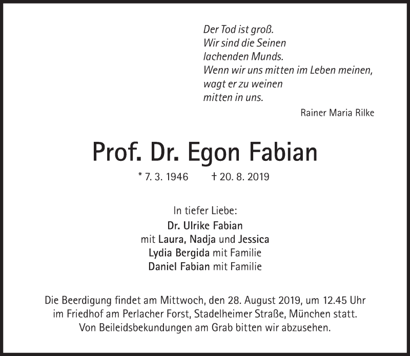  Traueranzeige für Egon Fabian vom 24.08.2019 aus Süddeutsche Zeitung