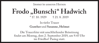 Traueranzeige von Frodo Hadwich von Süddeutsche Zeitung