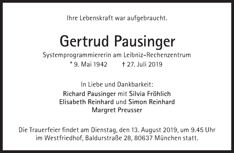  Traueranzeige für Gertrud Pausinger vom 03.08.2019 aus Süddeutsche Zeitung