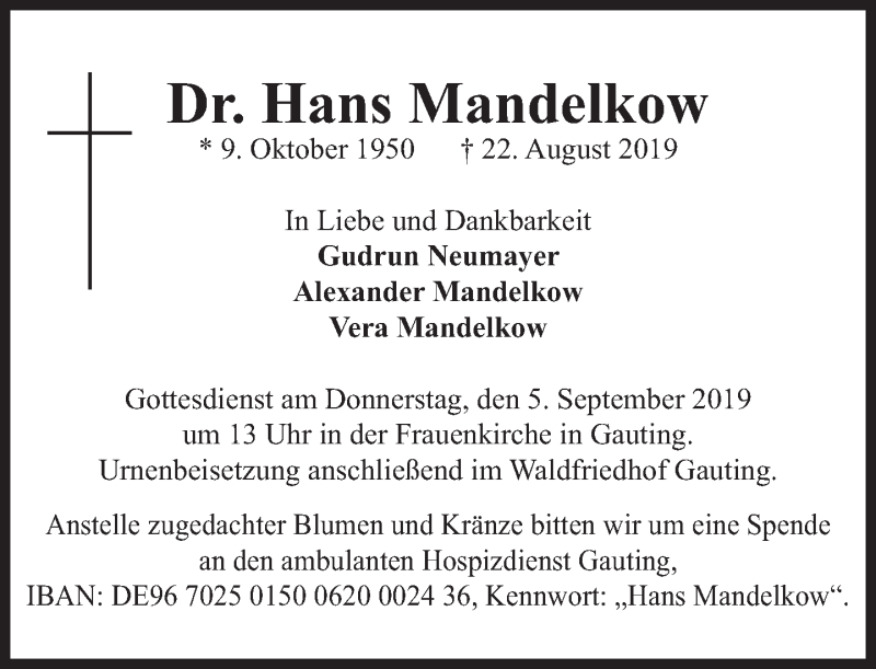  Traueranzeige für Hans Mandelkow vom 31.08.2019 aus Süddeutsche Zeitung
