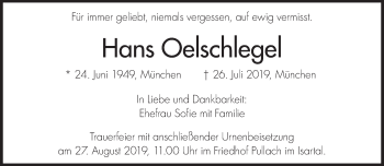 Traueranzeige von Hans Oelschlegel von Süddeutsche Zeitung
