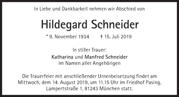 Traueranzeige von Hildegard Schneider von Süddeutsche Zeitung