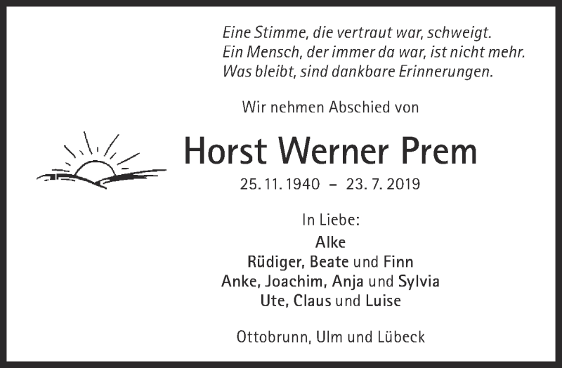  Traueranzeige für Horst Werner Prem vom 03.08.2019 aus Süddeutsche Zeitung