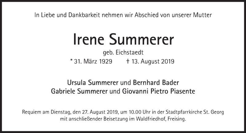  Traueranzeige für Irene Summerer vom 24.08.2019 aus Süddeutsche Zeitung
