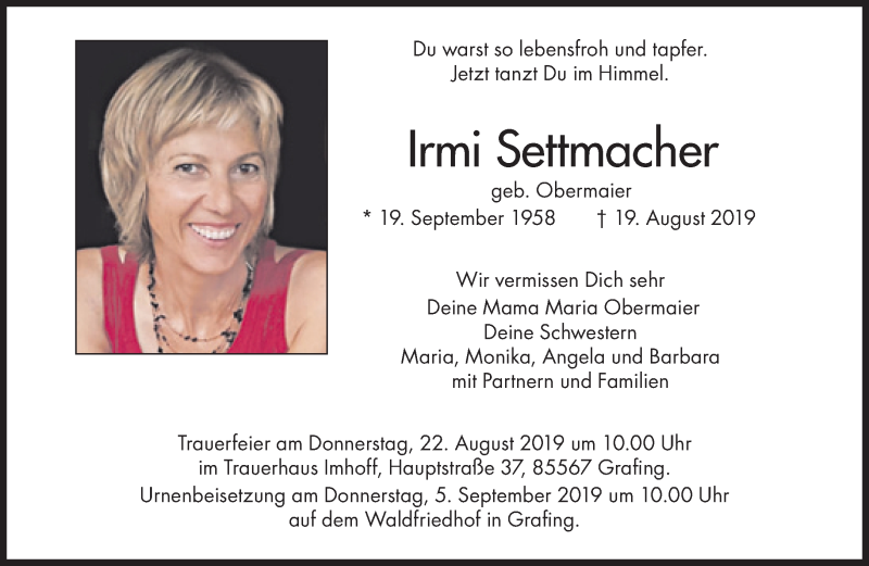  Traueranzeige für Irmi Settmacher vom 21.08.2019 aus Süddeutsche Zeitung