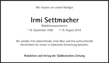 Traueranzeige von Irmi Settmacher von Süddeutsche Zeitung