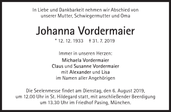 Traueranzeige von Johanna Vordermaier von Süddeutsche Zeitung