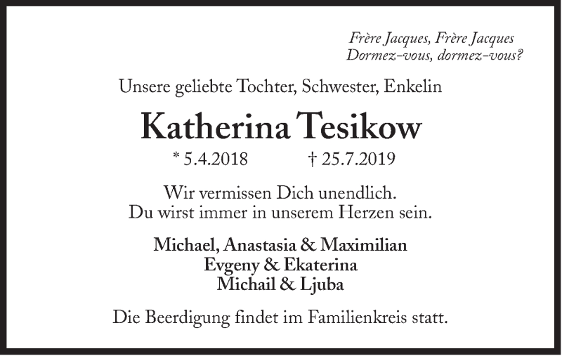  Traueranzeige für Katherina Tesikow vom 02.08.2019 aus Süddeutsche Zeitung