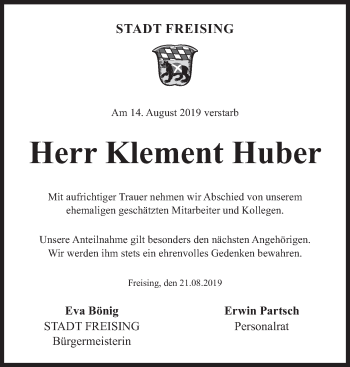 Traueranzeige von Klement Huber von Süddeutsche Zeitung