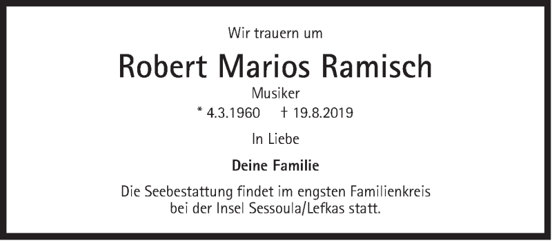  Traueranzeige für Robert Marios Ramisch vom 31.08.2019 aus Süddeutsche Zeitung
