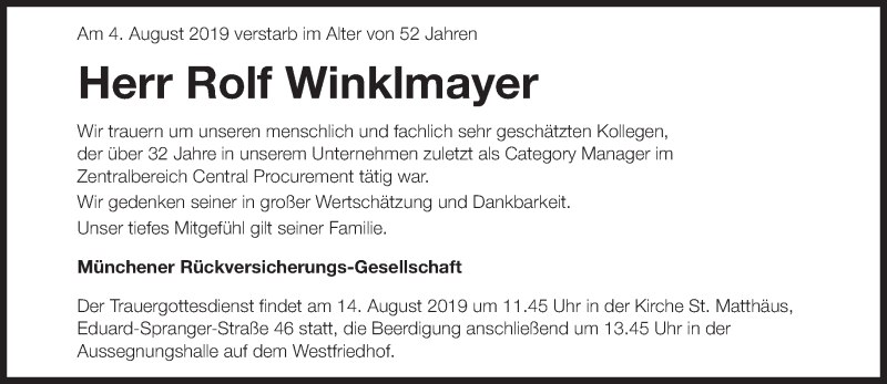  Traueranzeige für Rolf Winklmayer vom 10.08.2019 aus Süddeutsche Zeitung