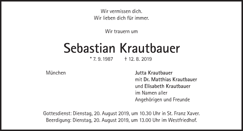  Traueranzeige für Sebastian Krautbauer vom 17.08.2019 aus Süddeutsche Zeitung