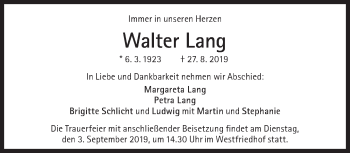 Traueranzeige von Walter Lang von Süddeutsche Zeitung